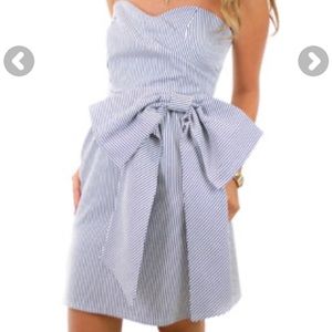 Navy & white stripe, strapless, seersucker dress